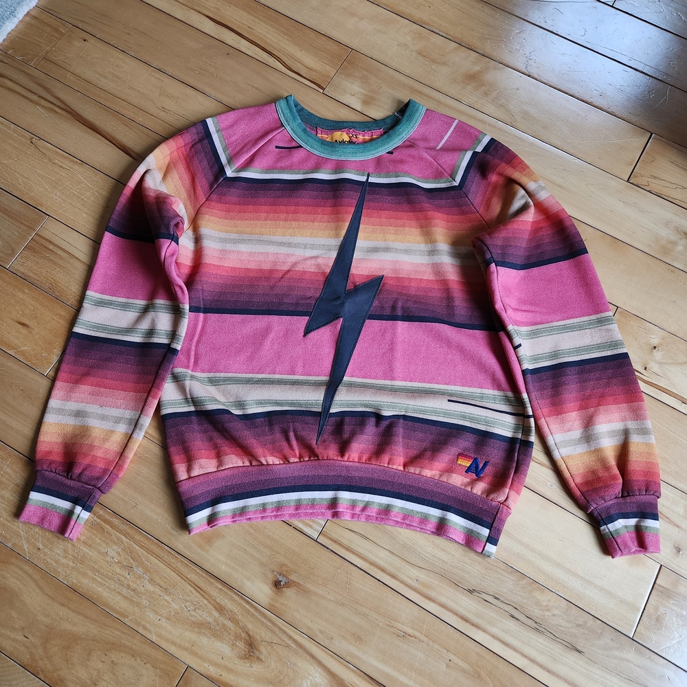 Aviator Nation Pink and Green Striped Sweater with Lightning Bolt